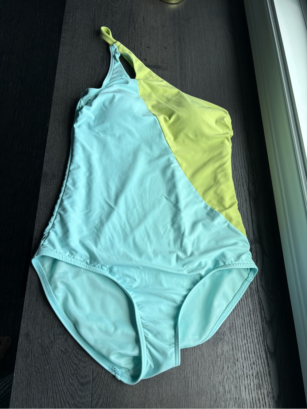 Lands' End One-Shoulder Colorblock Swimsuit in Light Blue and Lime